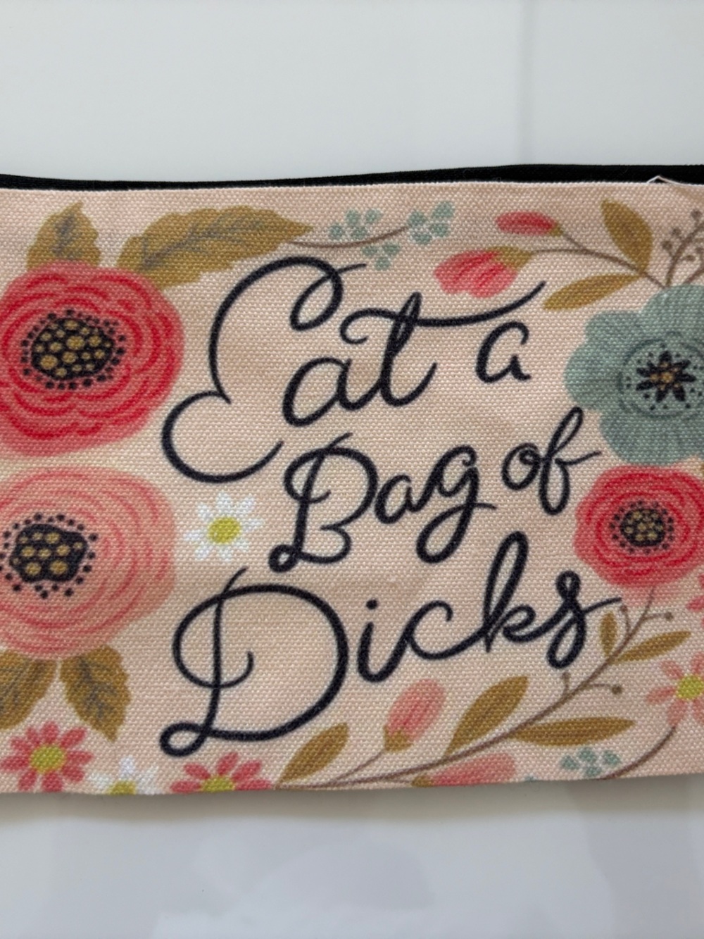 Floral Canvas Zip Pouch "Eat a Bag of Dicks" - Pink & Coral